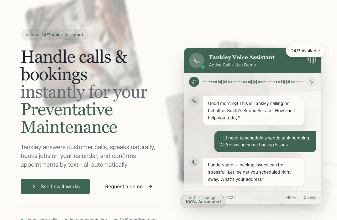 Tankley - 24/7 AI Voice Assistant for Septic Services screenshot 1